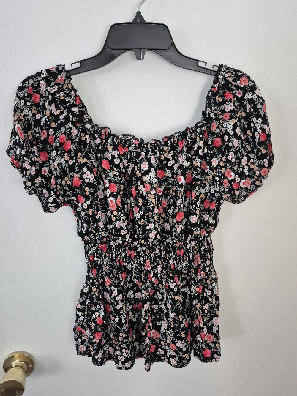 No Boundaries Floral Puff-Sleeve Smocked Waist Top - Picture 2 of 7